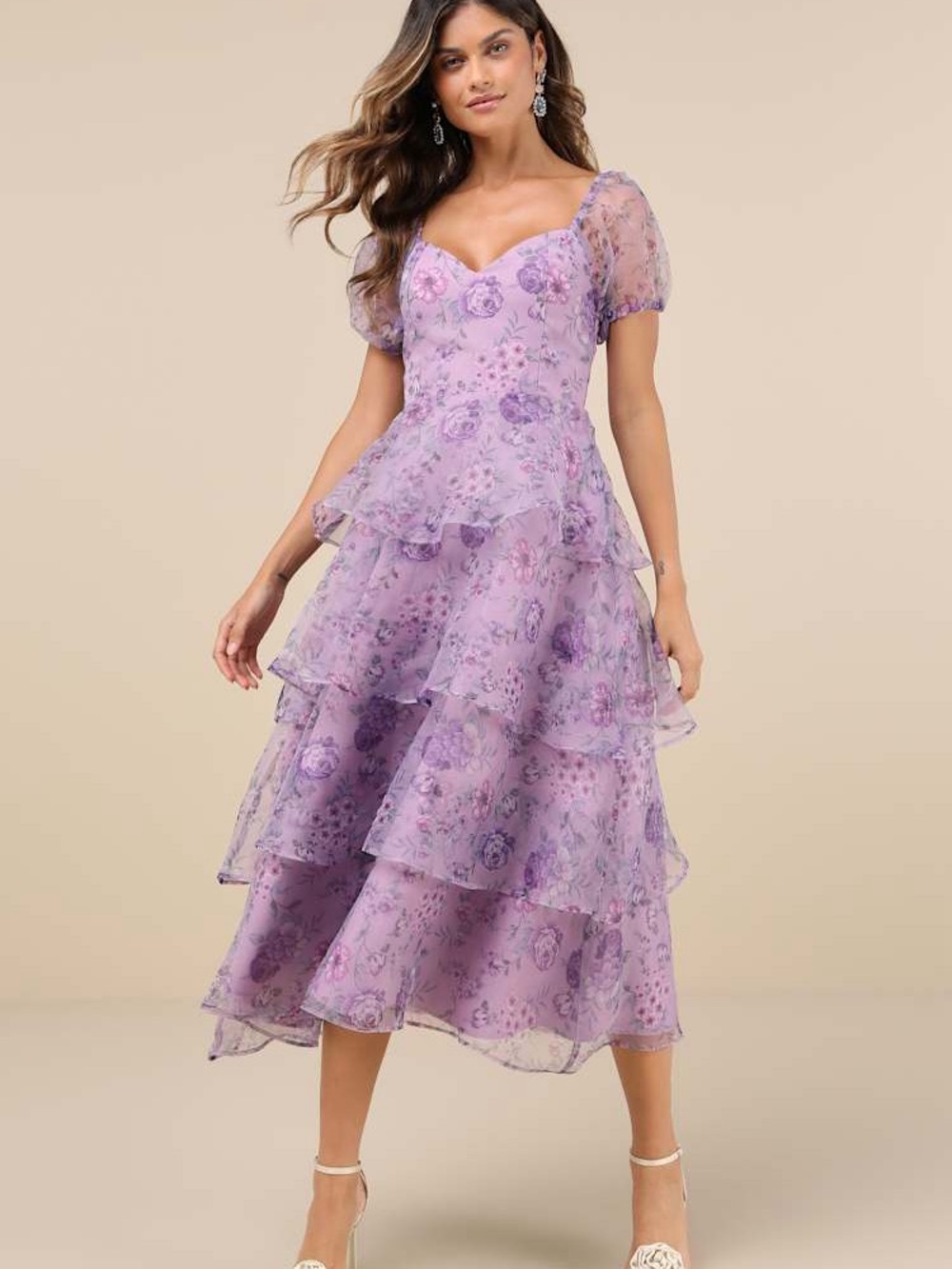 Lulus Oh-So Stunning Purple Floral Organza Tiered Midi Dress